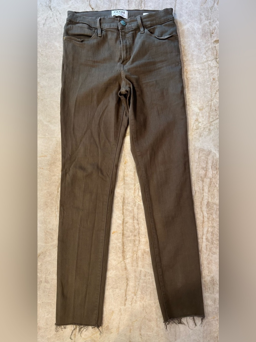 FRAME Le High Skinny Jeans Size 29 Army Green Olive Raw Hem High Rise